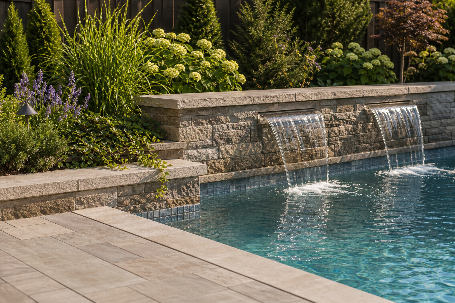 Pool Waterfall Ideas materials and planting