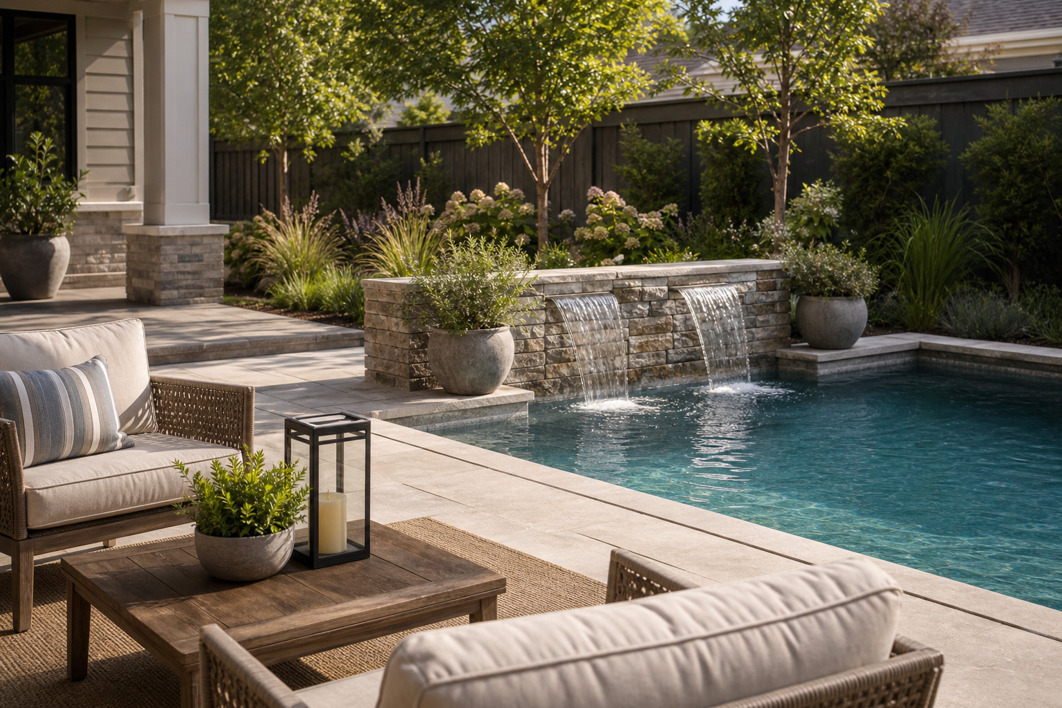 Pool Waterfall Ideas seating area