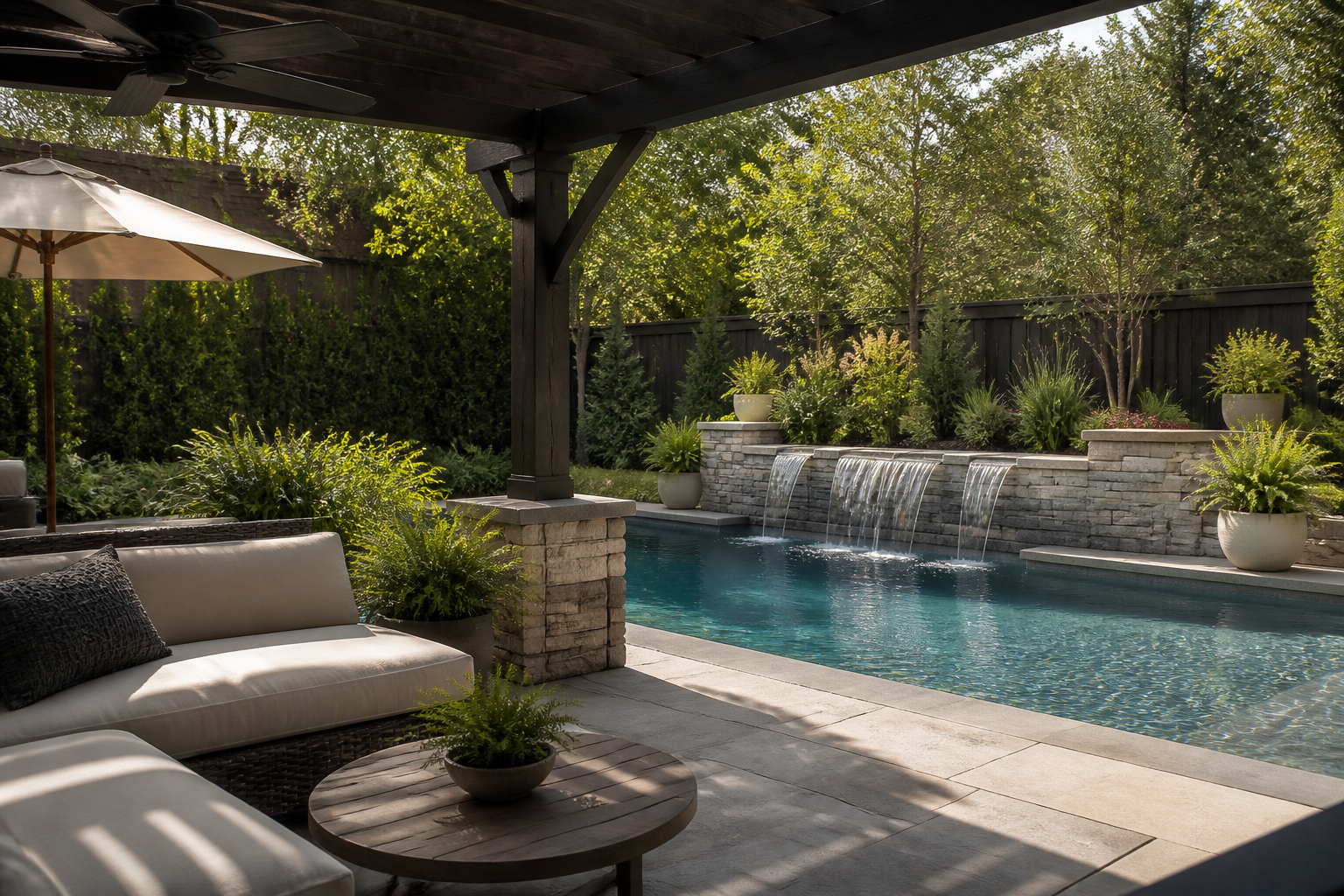 Pool Waterfall Ideas shade view