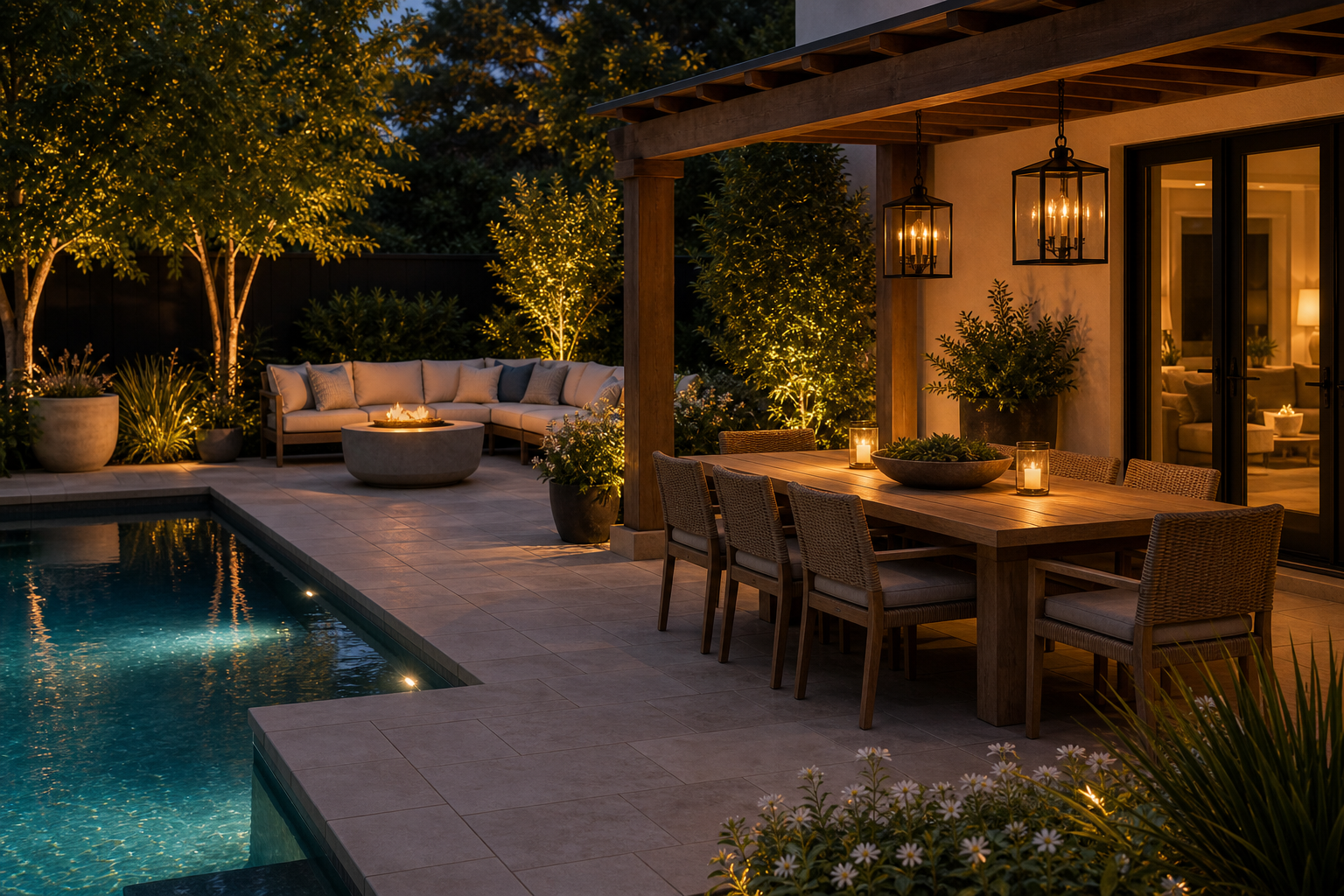Poolside Dining Ideas soft evening glow