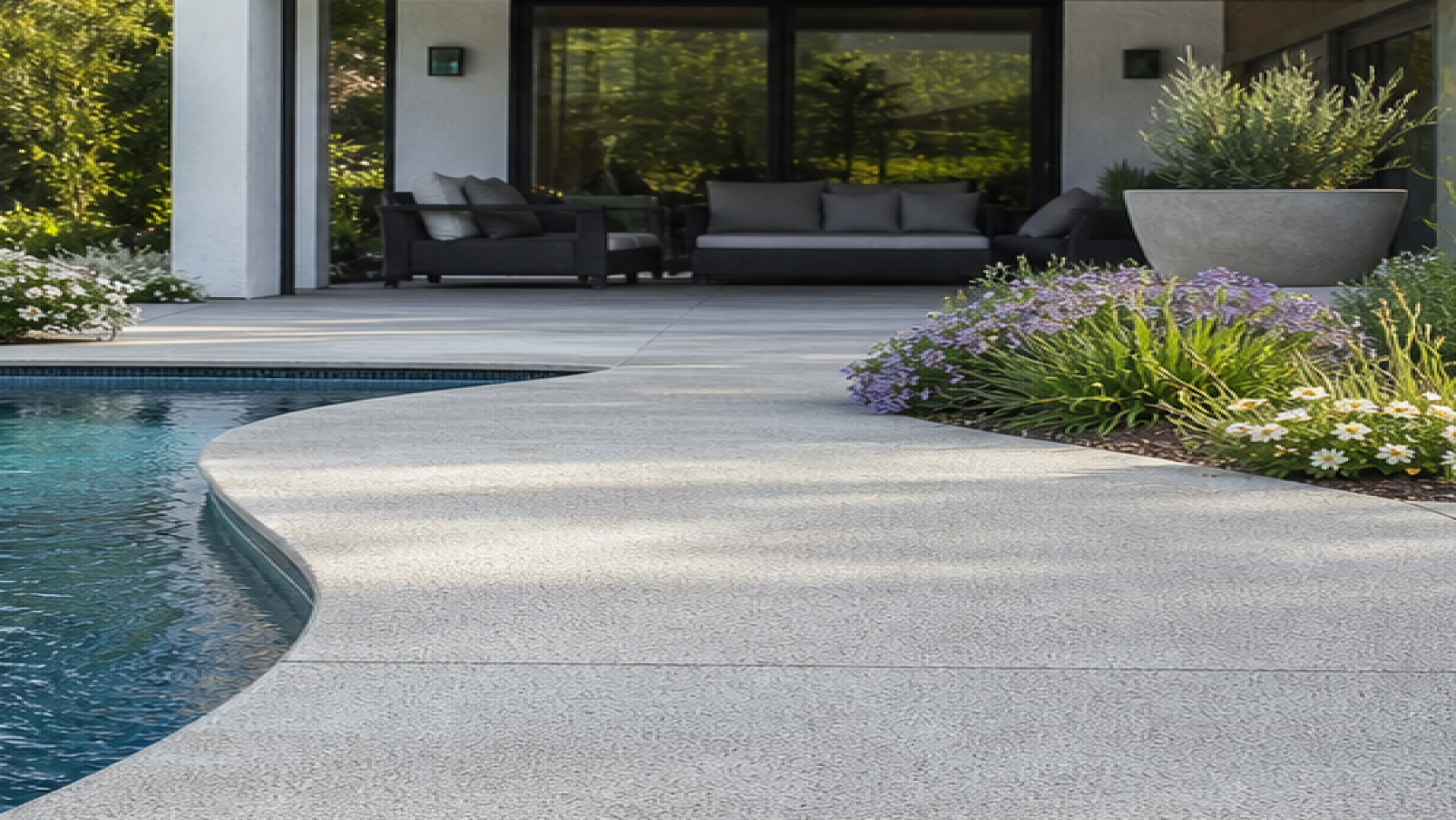 Poolside Garden Ideas with a treated concrete deck look