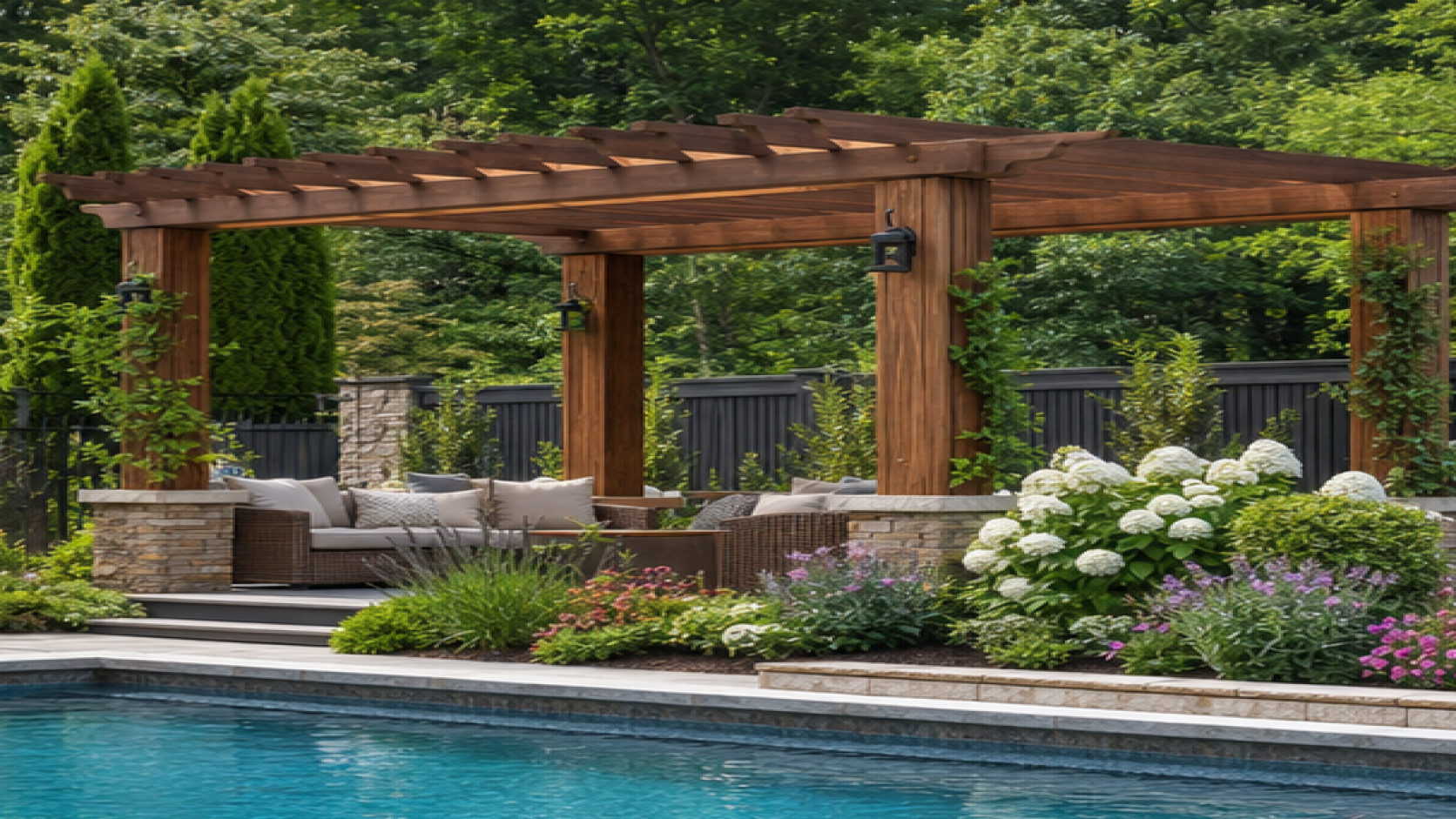 Poolside Garden Ideas with a pergola accent