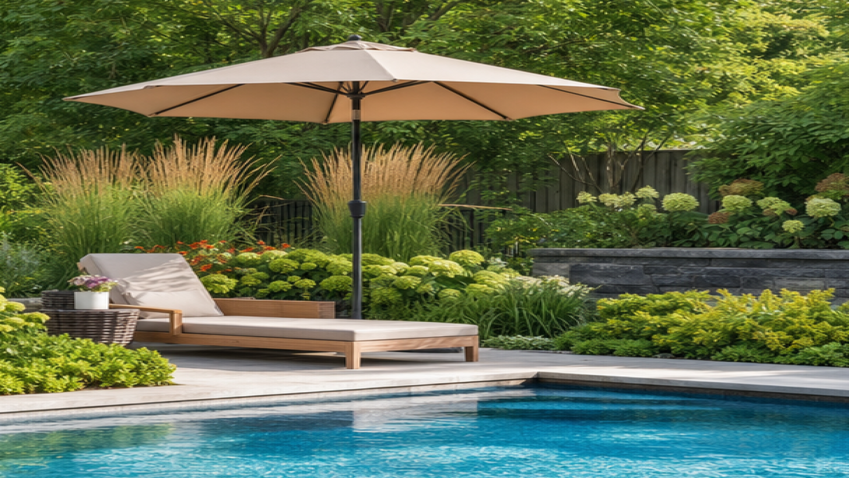 Poolside Garden Ideas with a shade umbrella