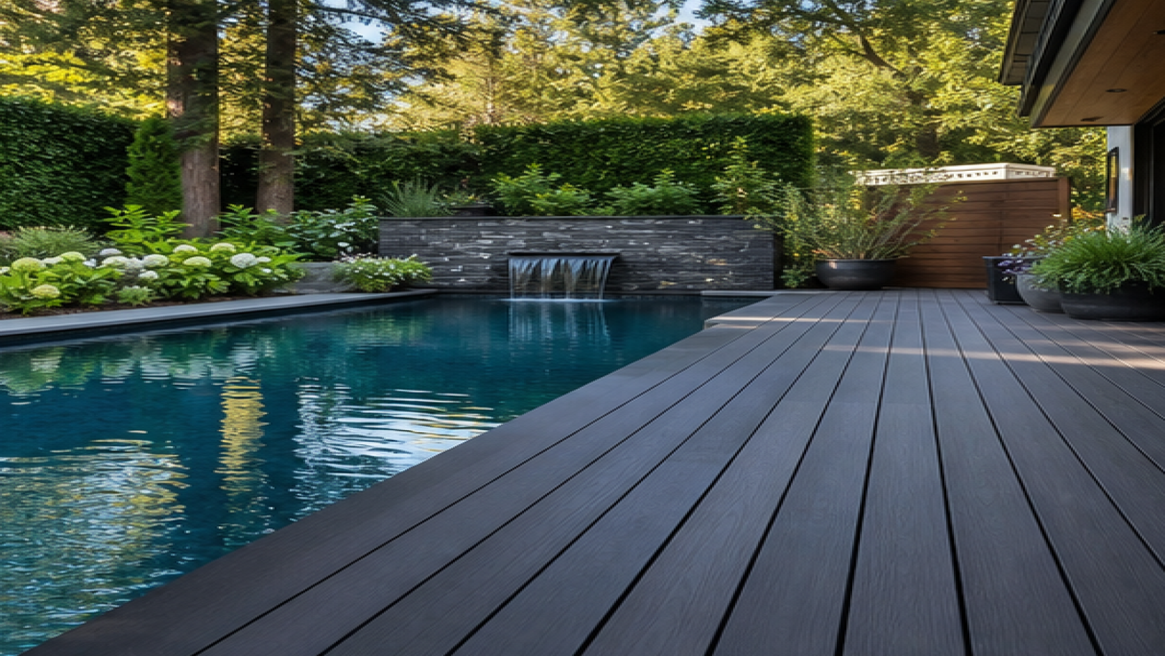 Poolside Garden Ideas with a dark wood deck look