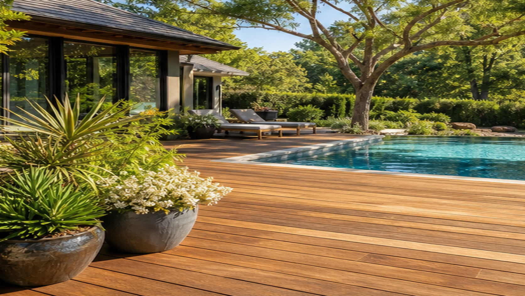 Poolside Garden Ideas with a natural wood deck look