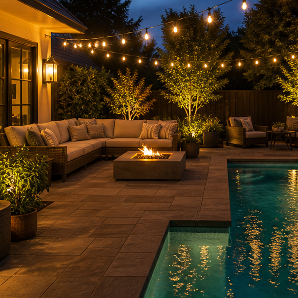 Poolside Patio Ideas soft evening glow