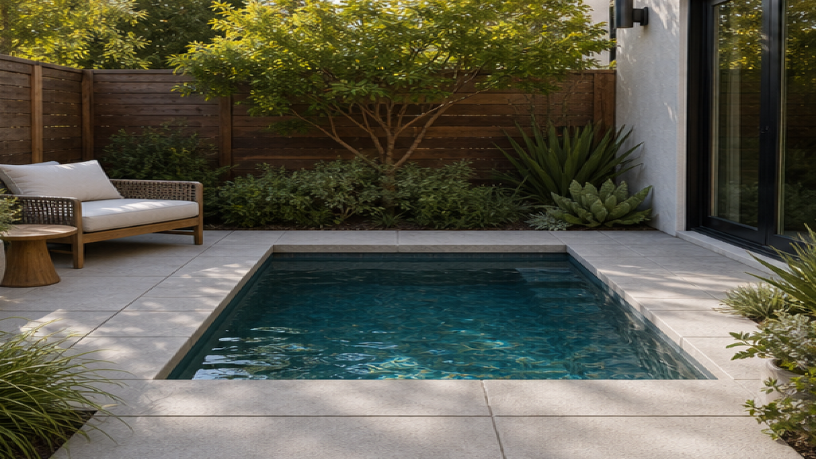 Small Pool Ideas with a natural concrete deck look