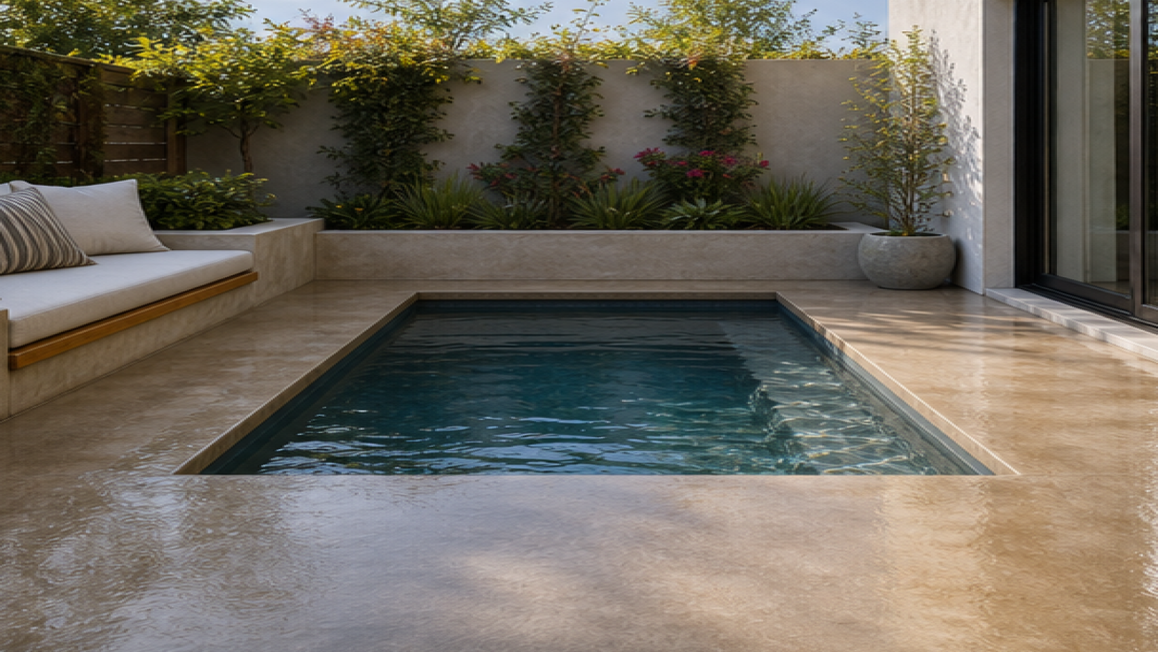 Small Pool Ideas with a treated concrete deck look