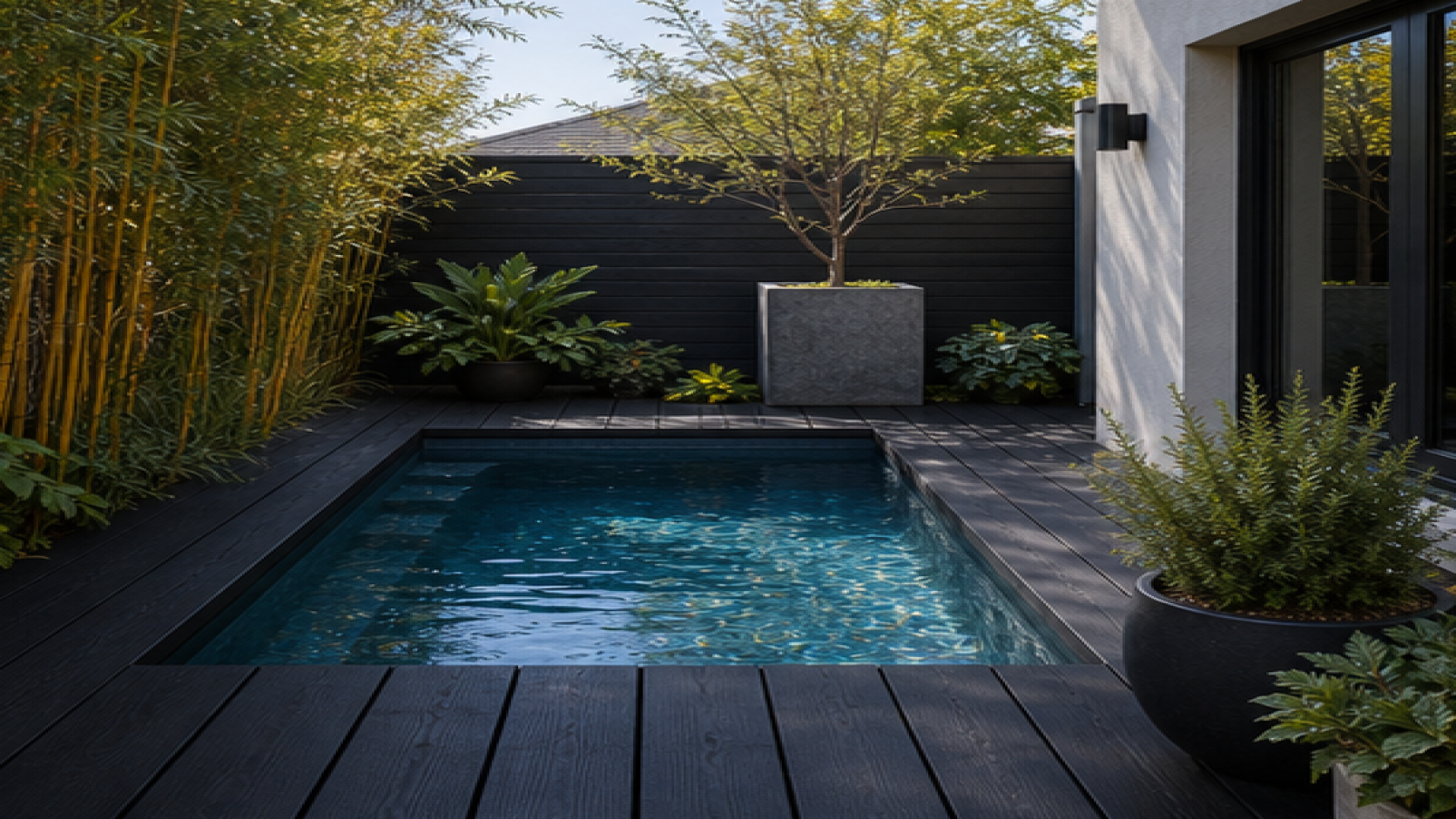Small Pool Ideas with a dark wood deck look