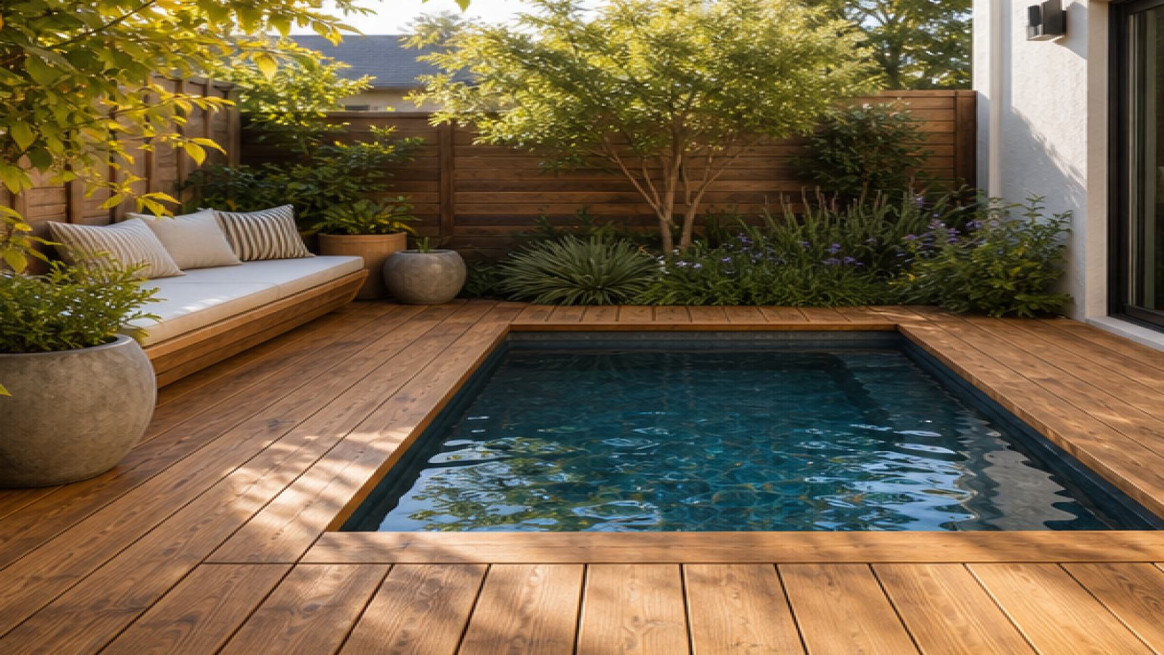 Small Pool Ideas with a natural wood deck look