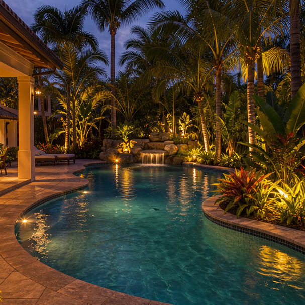 Tropical Pool Ideas soft evening glow